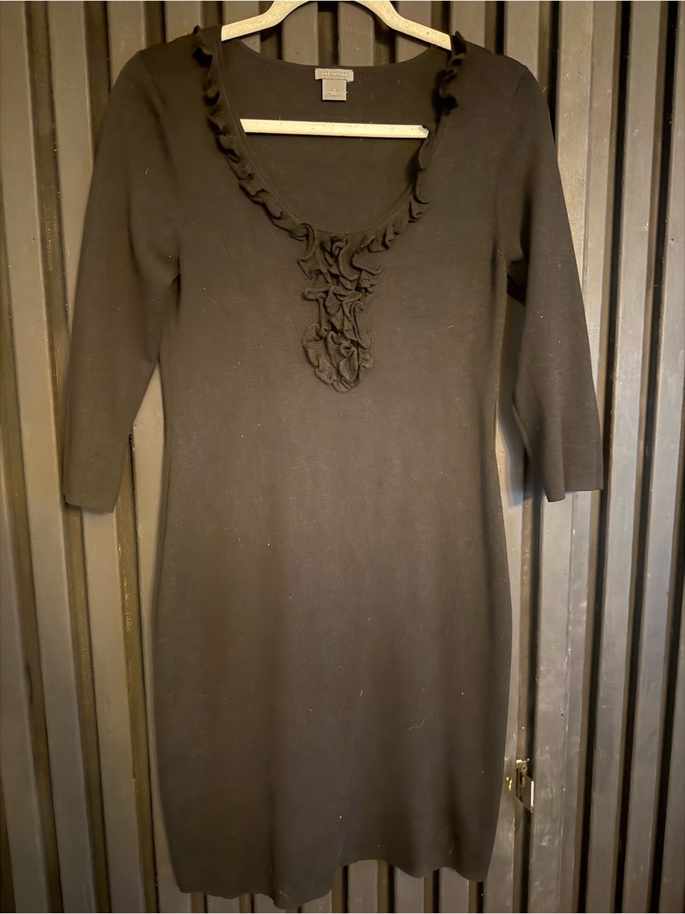 Ann Taylor Black Long Sleeve Ruffle-Trim Knit Dress
